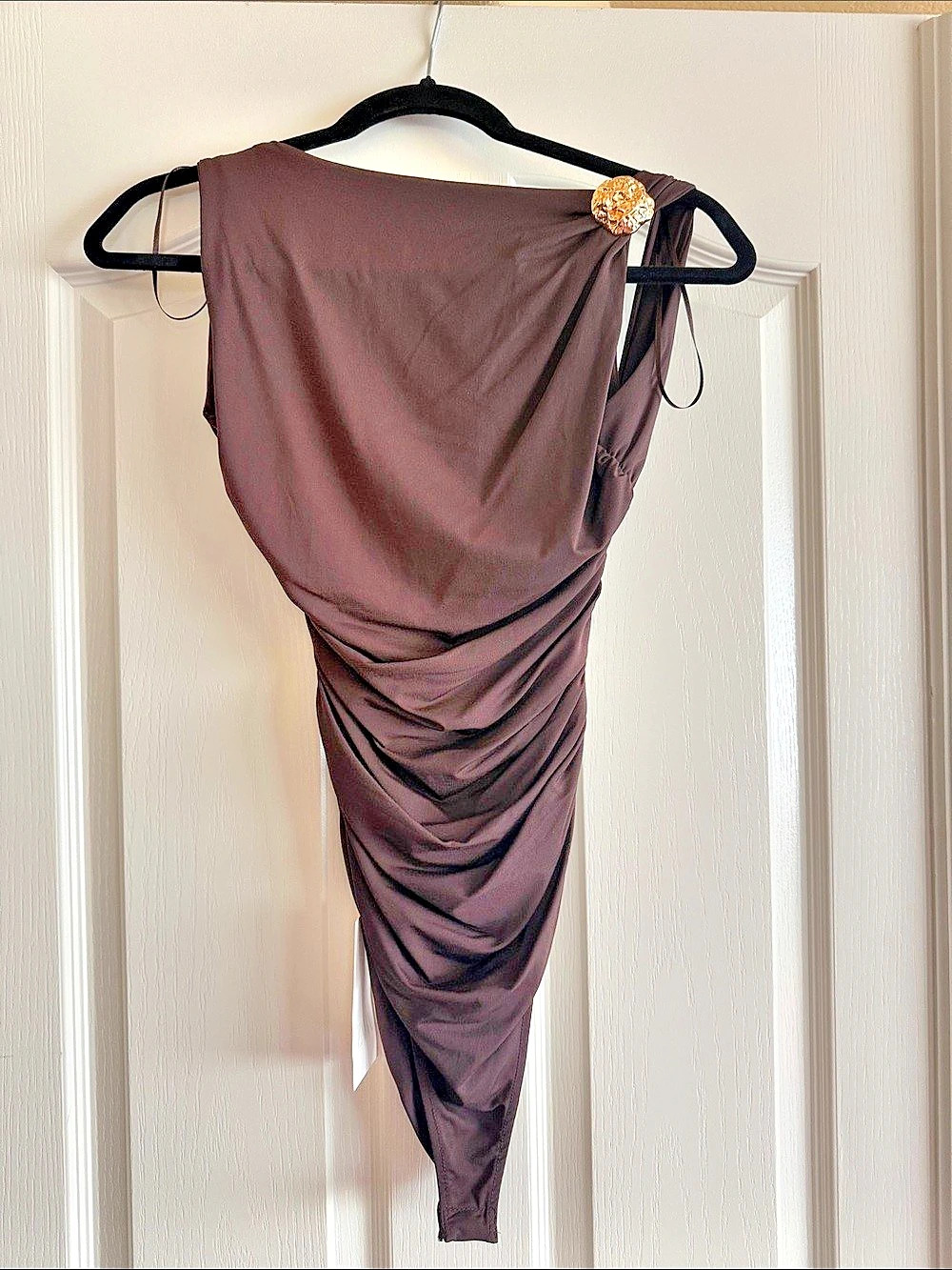 Zara Satin Bodysuit with Gold Appliqué Brown Medium